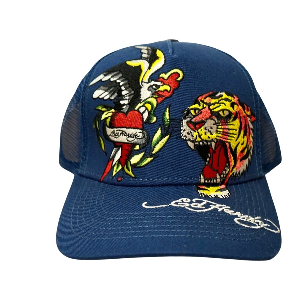 Ed Hardy Trucker Hat Men One Size Navy Blue Tiger Eagle Heart Tattoo Graphic